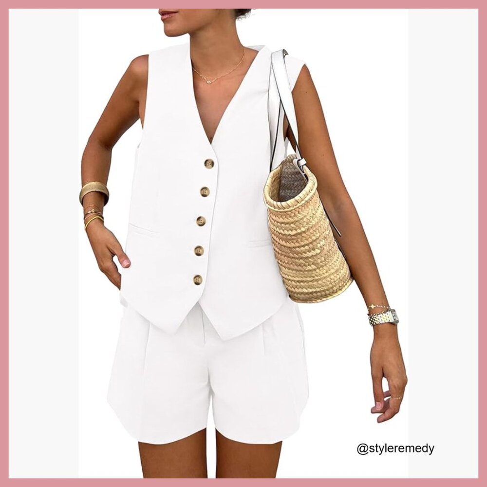 Sleeveless V-Neck Vest and High Waisted Shorts Set with Pockets